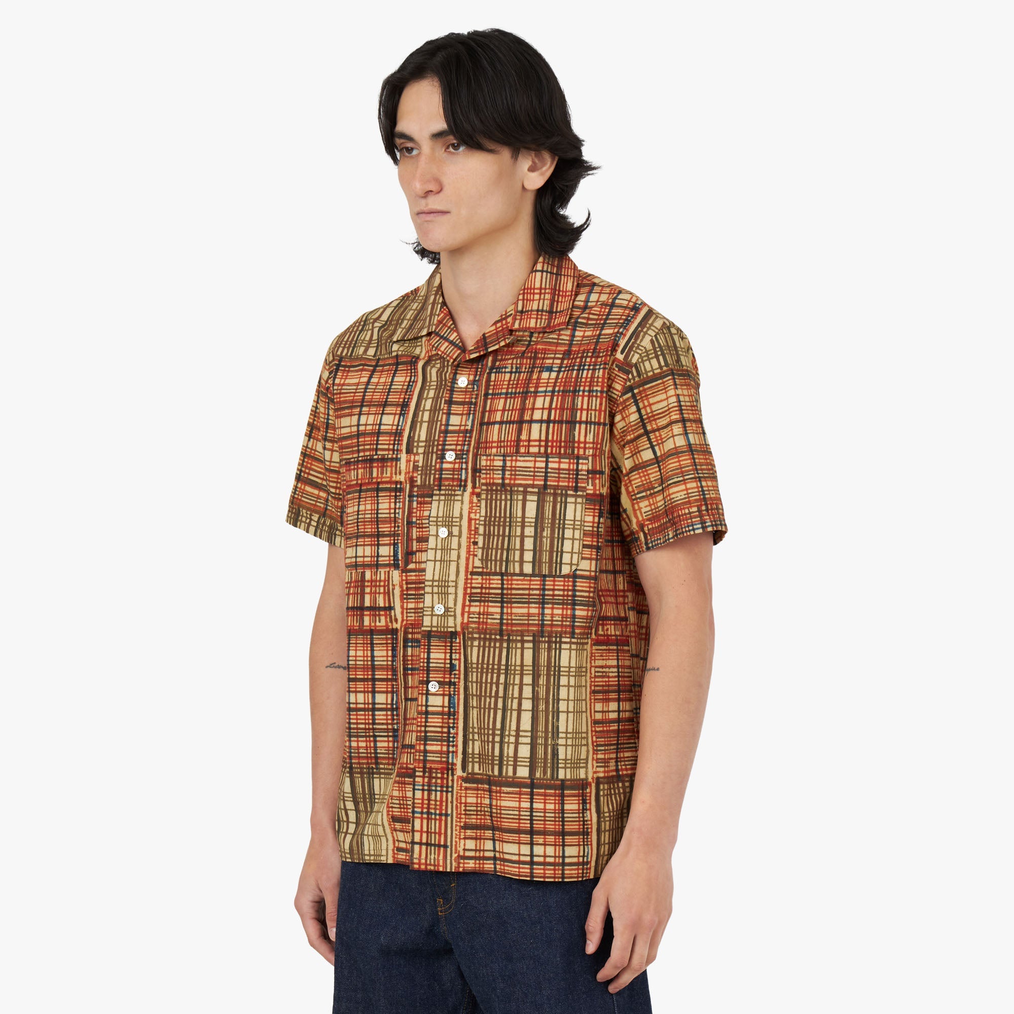 BEAMS PLUS Open Collar Short Sleeve Shirt Block Print / Plaid
