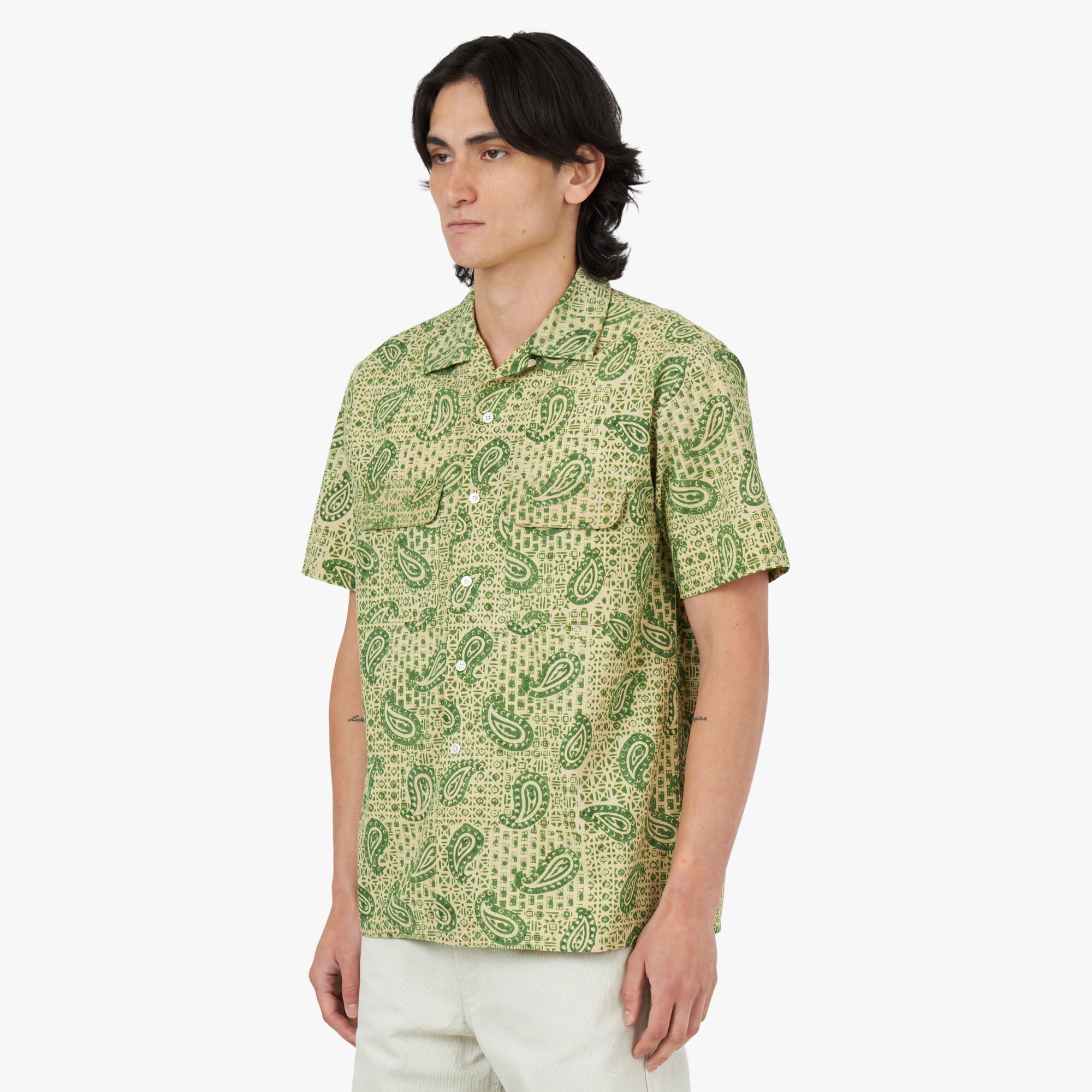 BEAMS PLUS Open Collar Short Sleeve Shirt Block Print / Square