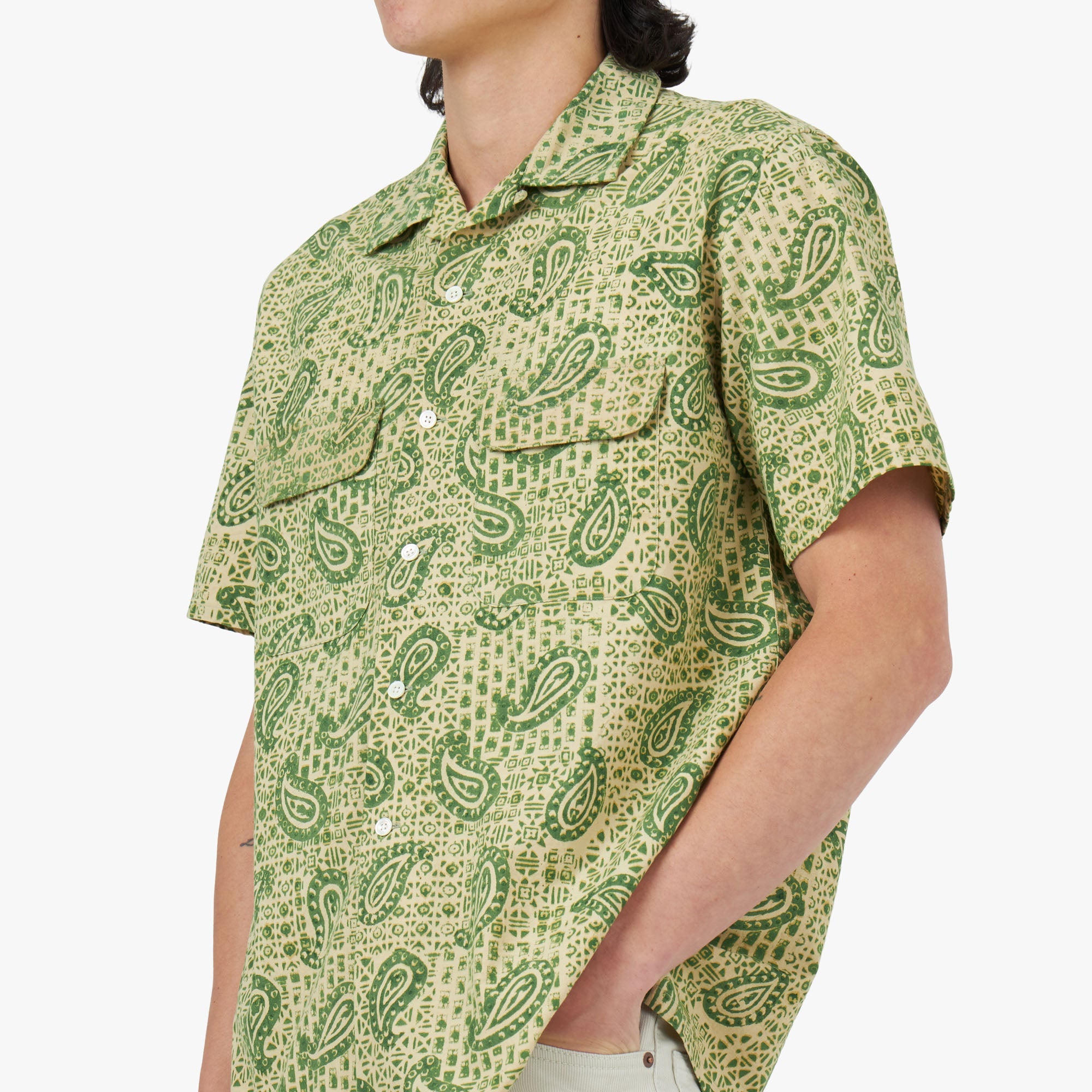 BEAMS PLUS Open Collar Short Sleeve Shirt Block Print / Square
