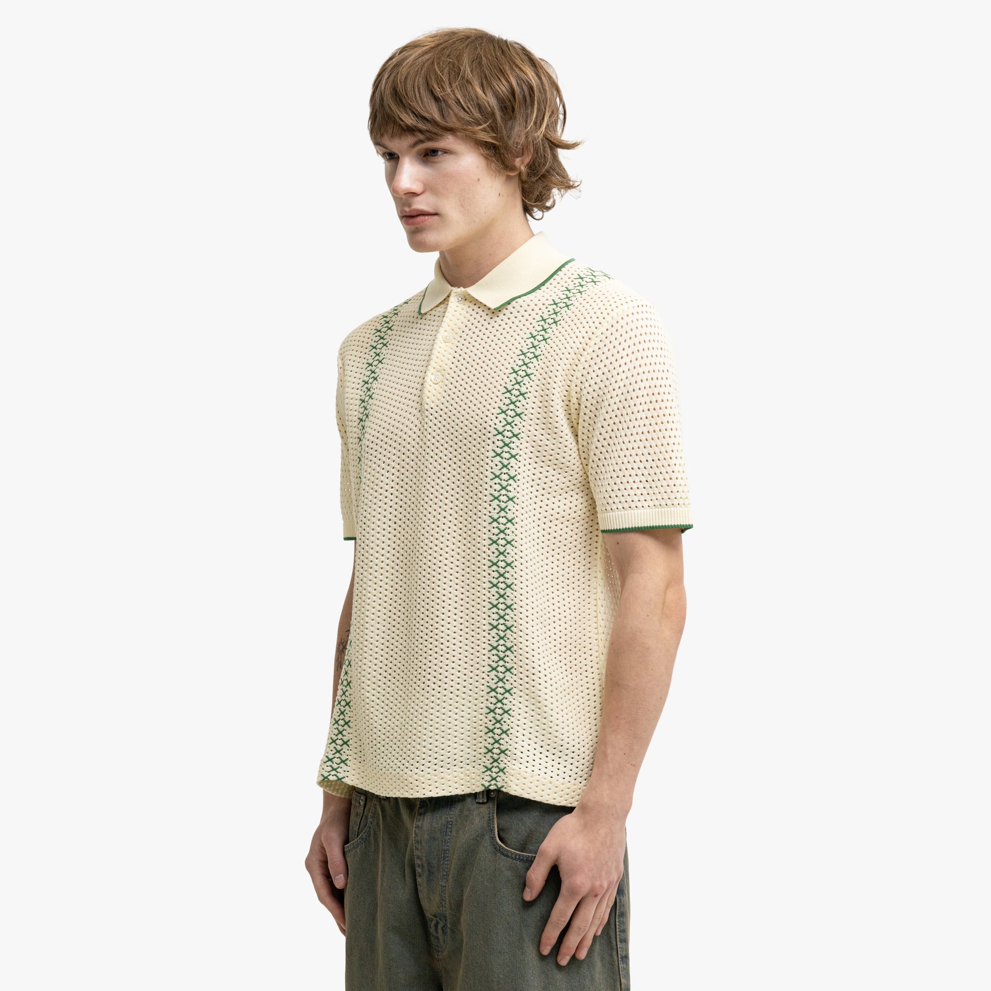 BEAMS PLUS Mesh Knit Stripe Polo Off White