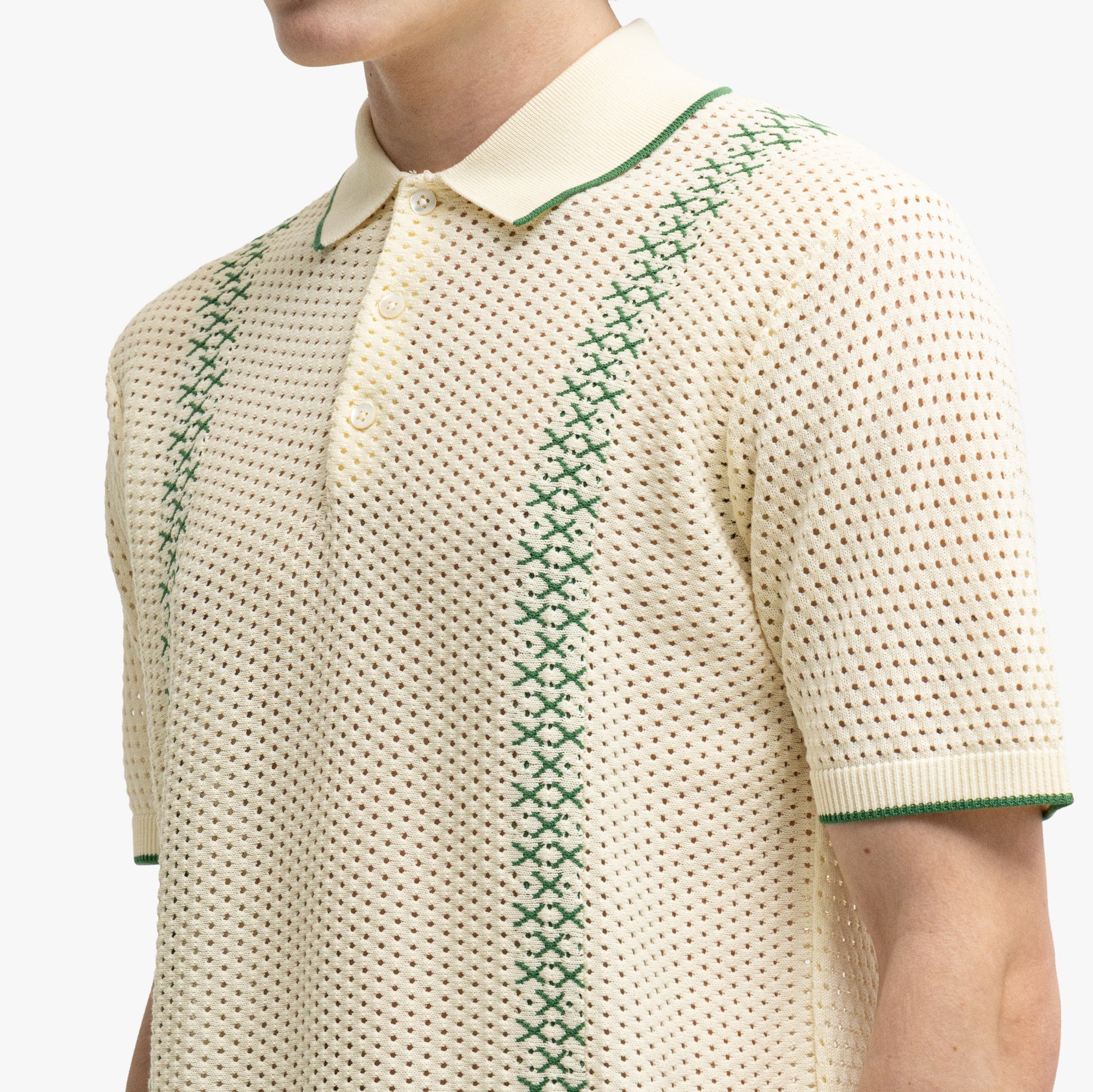 BEAMS PLUS Mesh Knit Stripe Polo Off White