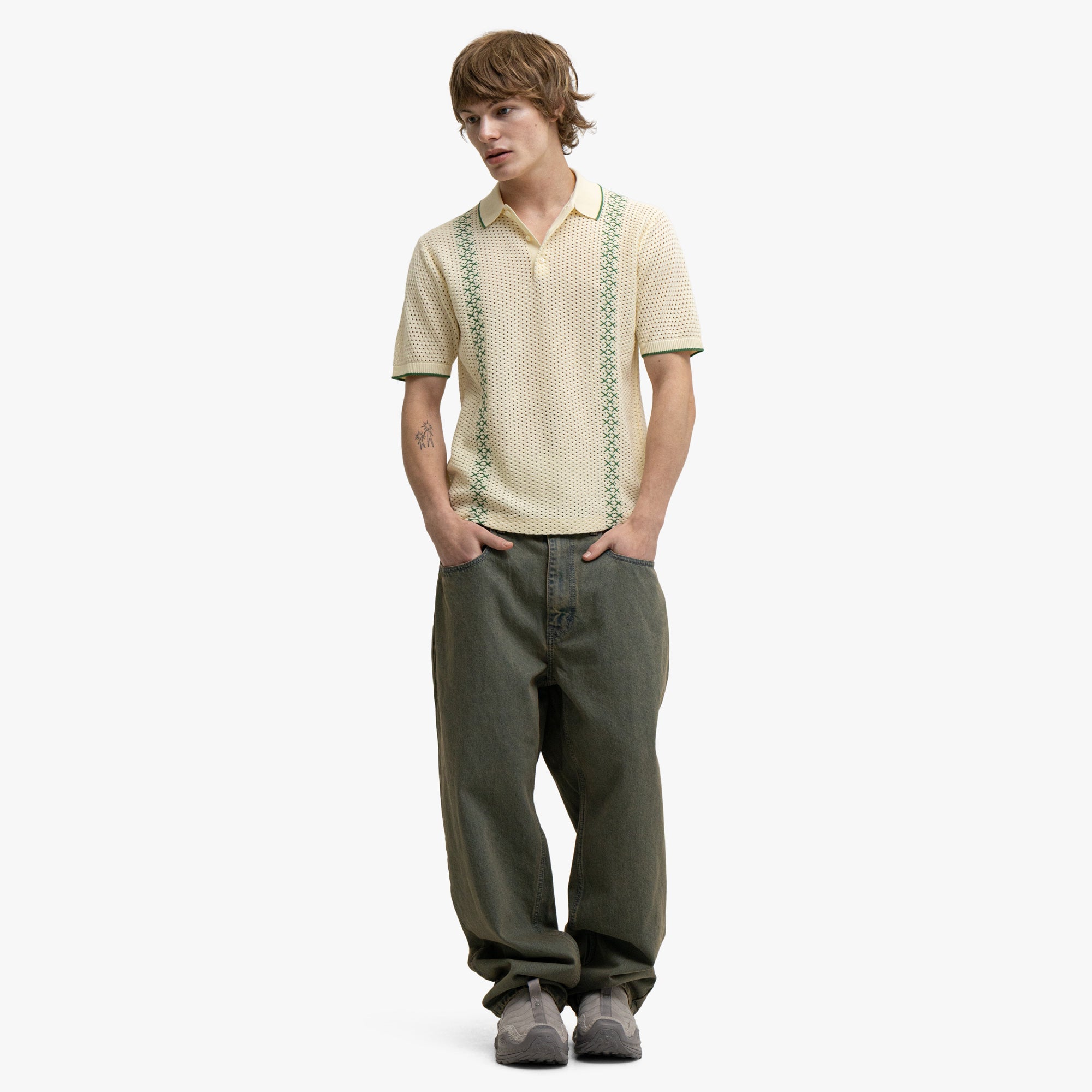 BEAMS PLUS Mesh Knit Stripe Polo Off White