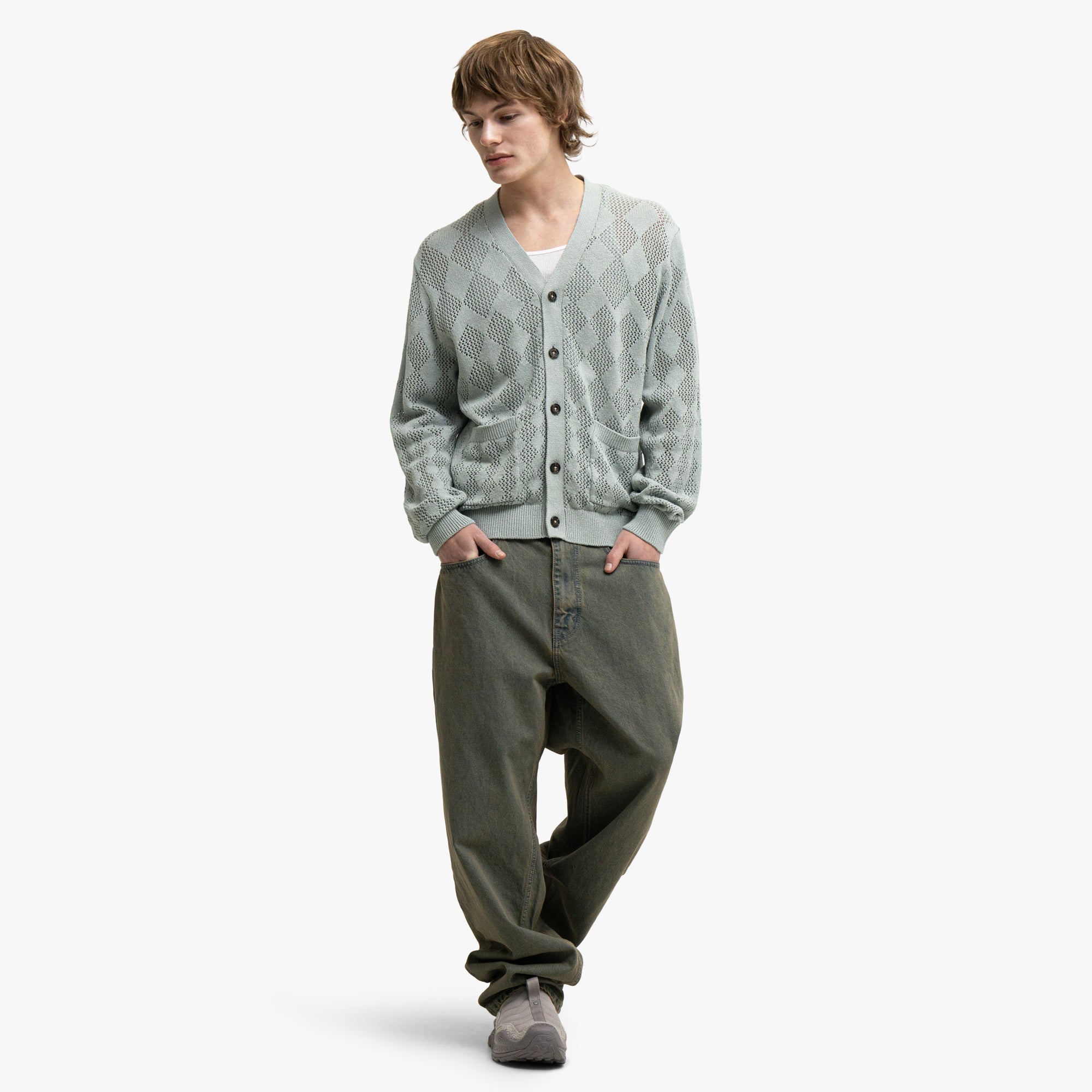 BEAMS PLUS Diamond Mesh Cardigan Sax