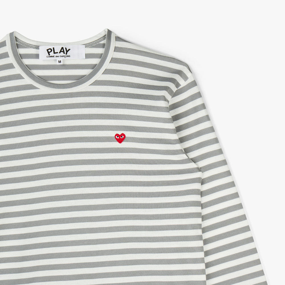COMME des GARCONS PLAY Small Red Heart Striped White Sleeve T-Shirt / Grey / White