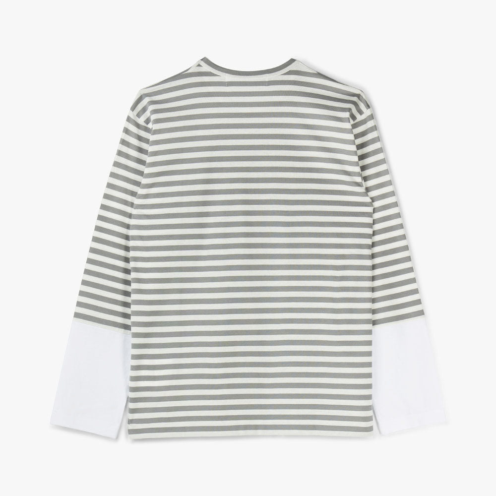 COMME des GARCONS PLAY Small Red Heart Striped White Sleeve T-Shirt / Grey / White