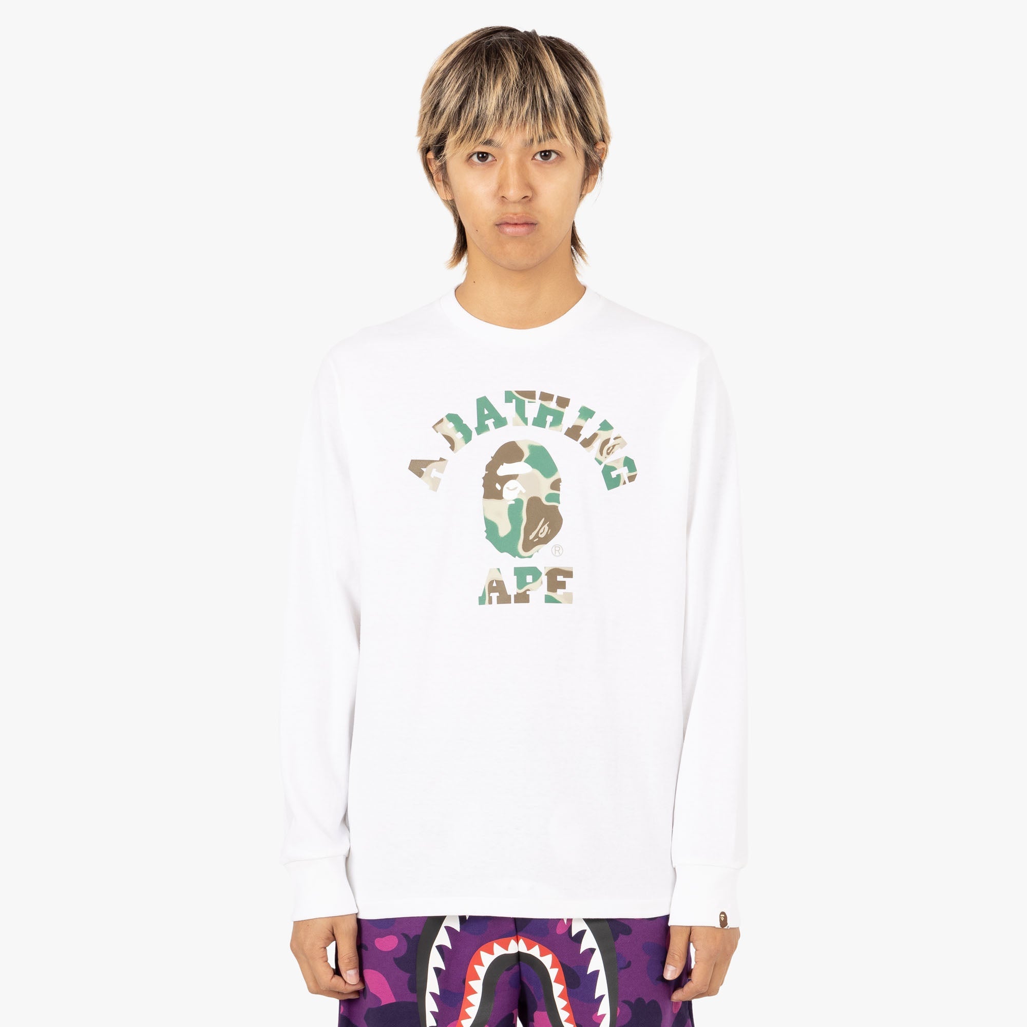 BAPE Liquid Camo College Long Sleeve Shirt / White