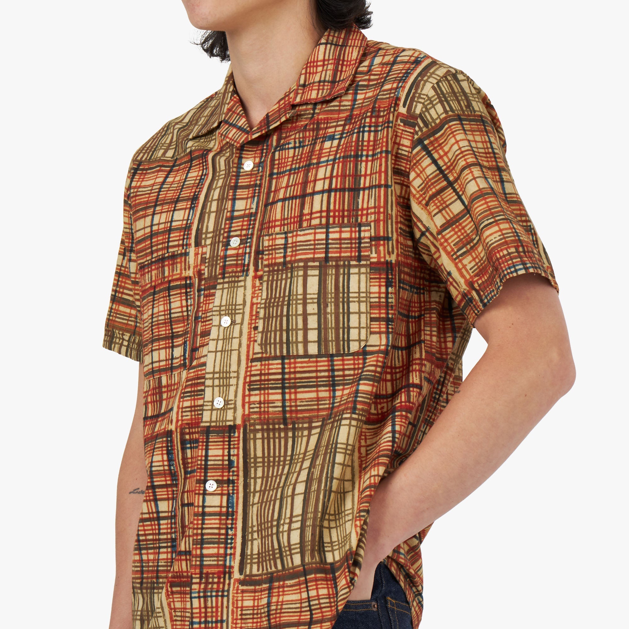BEAMS PLUS Open Collar Short Sleeve Shirt Block Print / Plaid