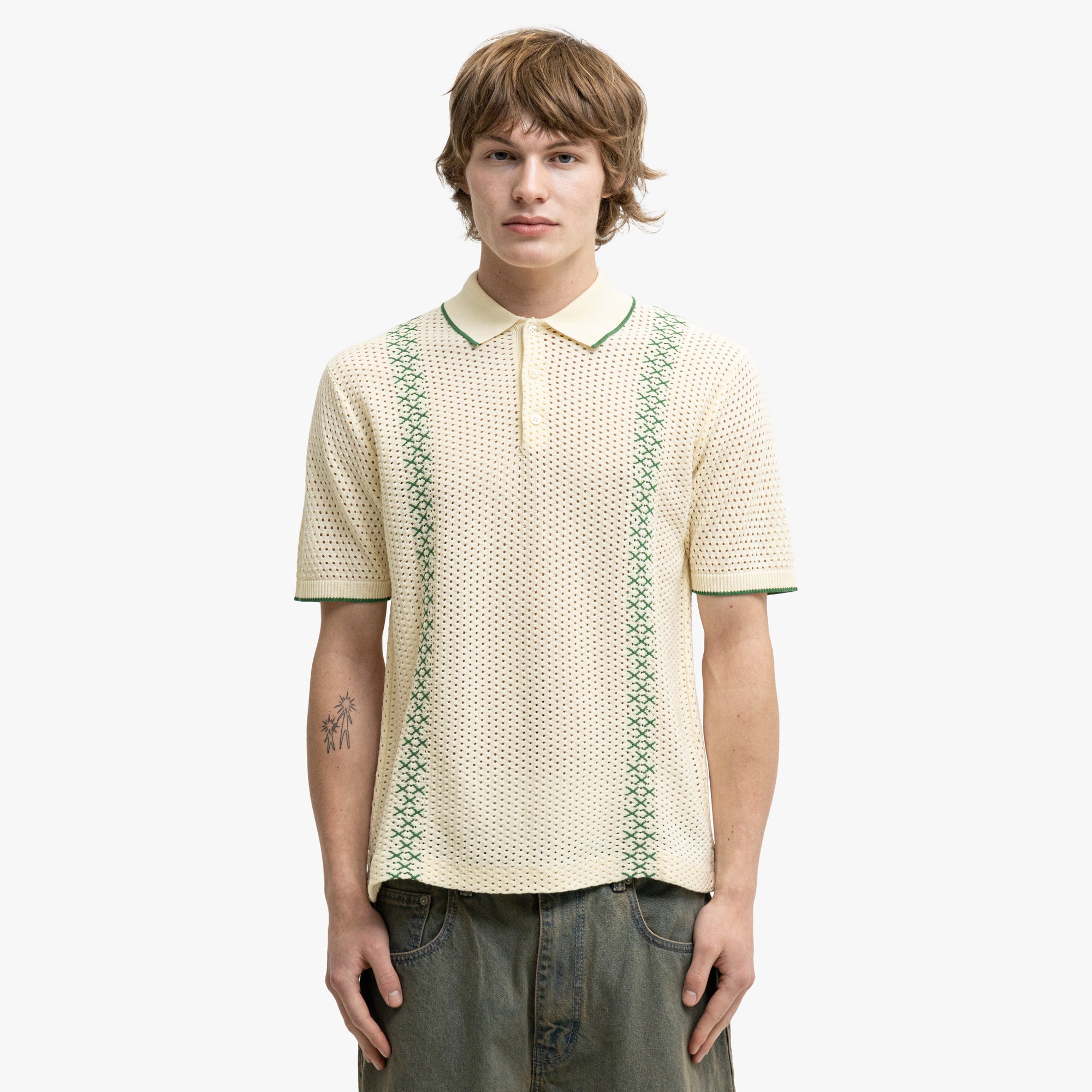 BEAMS PLUS Mesh Knit Stripe Polo Off White