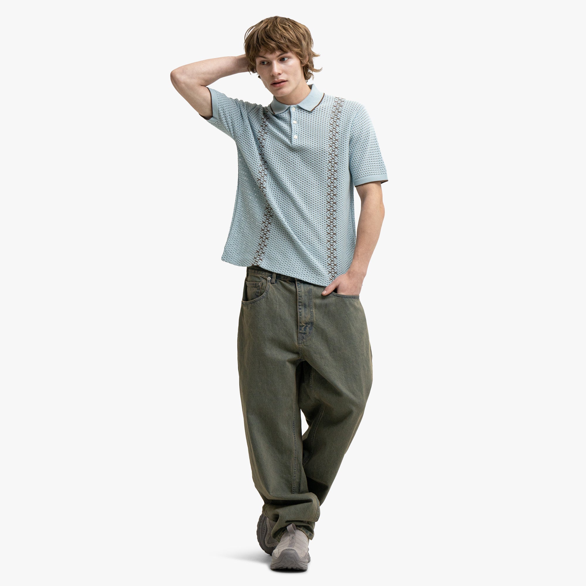 BEAMS PLUS Mesh Knit Stripe Polo Sax