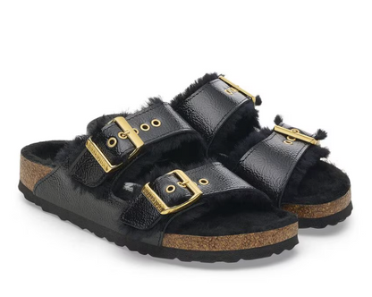WOMEN'S BIRKENSTOCK ARIZONA SHEARLING EYELETS PATENT LEATHER | NAPLAK BLACK