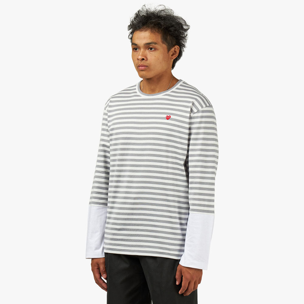 COMME des GARCONS PLAY Small Red Heart Striped White Sleeve T-Shirt / Grey / White