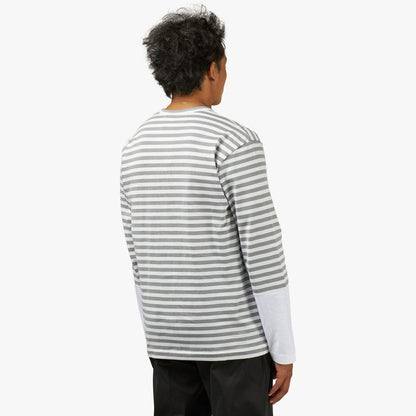 COMME des GARCONS PLAY Small Red Heart Striped White Sleeve T-Shirt / Grey / White