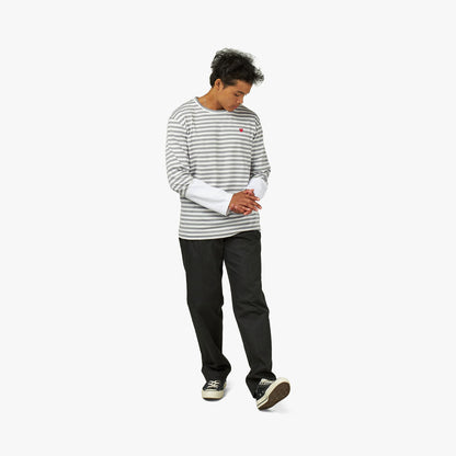 COMME des GARCONS PLAY Small Red Heart Striped White Sleeve T-Shirt / Grey / White