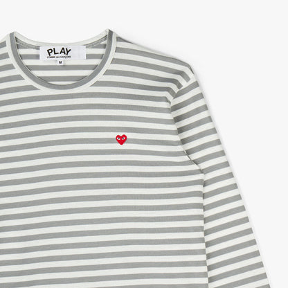 COMME des GARCONS PLAY Small Red Heart Striped White Sleeve T-Shirt / Grey / White