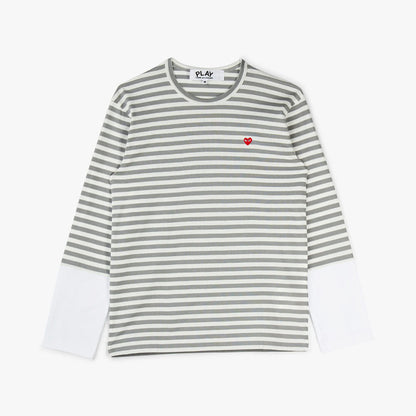COMME des GARCONS PLAY Small Red Heart Striped White Sleeve T-Shirt / Grey / White